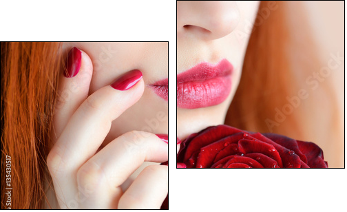 Portrait with red rose flower. Dark red lips and nails. Beautiful red-haired young woman. - Obraz dwuczęściowy, Dyptyk
