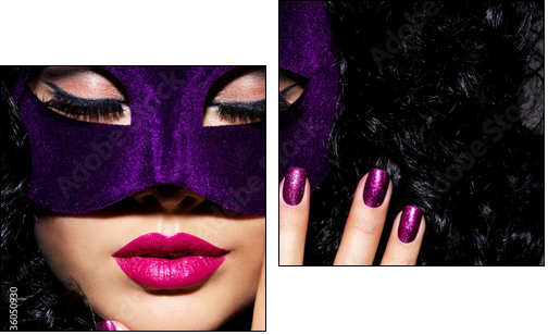 Beautiful  woman with  violet theatre mask on face and purple na - Obraz dwuczęściowy, Dyptyk