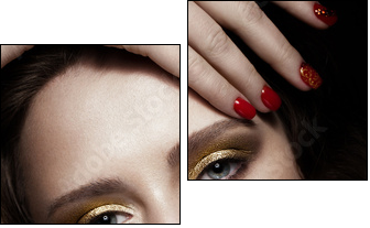 Beautiful girl with evening make-up, red lips in rhinestones and design manicure nails. beauty face. Photos shot in studio - Obraz dwuczęściowy, Dyptyk
