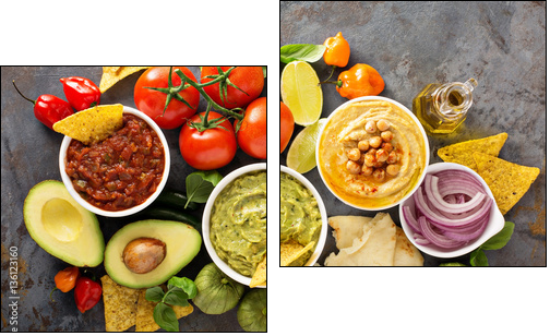 Homemade hummus, salsa and guacamole with corn chips - Obraz dwuczęściowy, Dyptyk
