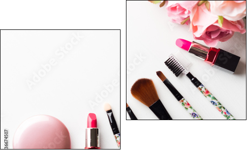 Make up products lipstick, blush and tools brushes with pink roses flowers on white background. Lifestyle woman still life - Obraz dwuczęściowy, Dyptyk