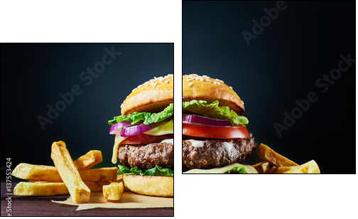 Craft beef burger and french fries on wooden table isolated on dark background. - Obraz dwuczęściowy, Dyptyk