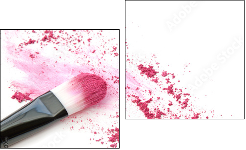 Close up of crushed blush on white background and cosmetic brush - Obraz dwuczęściowy, Dyptyk