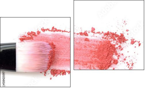 Close up of crushed blush on white background and cosmetic brush - Obraz dwuczęściowy, Dyptyk