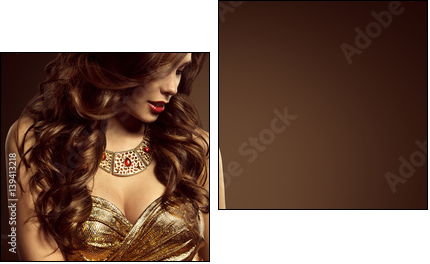 Woman Hairstyle, Beautiful Fashion Model Long Brown Hair Style, Sexy Girl in Elegant Golden Dress - Obraz dwuczęściowy, Dyptyk