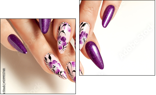 Nail art service. Female manicure and floral patterns. - Obraz dwuczęściowy, Dyptyk