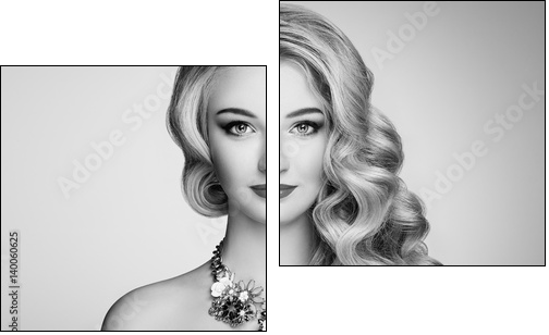Black and white photo of beautiful woman with elegant hairstyle. Blonde girl with long wavy hair. Jewelry and make-up. Beauty style model - Obraz dwuczęściowy, Dyptyk
