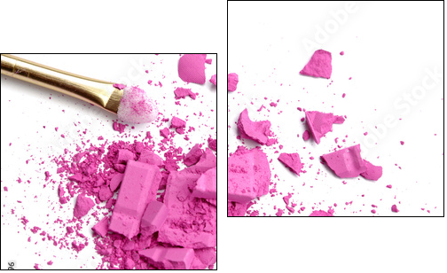 Close up of crushed blush on white background and cosmetic brush - Obraz dwuczęściowy, Dyptyk
