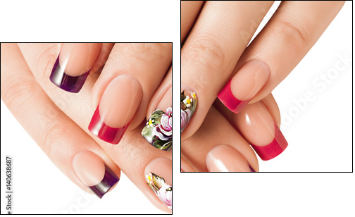 Female manicure and floral patterns. Isolated on white. - Obraz dwuczęściowy, Dyptyk
