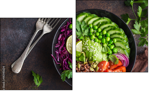 vegan lunch bowl. Avocado, red rice, tomato, cucumber, red cabbage, green peas vegetables salad - Obraz dwuczęściowy, Dyptyk