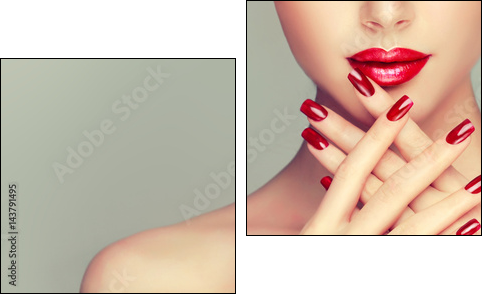 Beautiful girl showing red  manicure nails . makeup and cosmetics - Obraz dwuczęściowy, Dyptyk