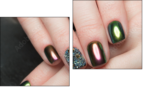 Beautifil Colorful manicure with rhinestone. Nail Design. Close-up. - Obraz dwuczęściowy, Dyptyk