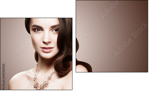 Beautiful model girl with long wavy and shiny hair . Woman with curly hairstyle. Face with clean fresh skin close up. - Obraz dwuczęściowy, Dyptyk