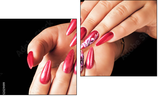 Red nails and floral deign, on black background. - Obraz dwuczęściowy, Dyptyk