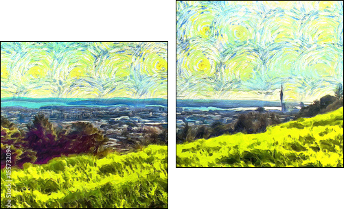 grass filled hillside against a background of trees and a blue sky with clouds - Obraz dwuczęściowy, Dyptyk