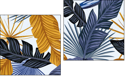 Blue gold palm leaves seamless white background - Obraz dwuczęściowy, Dyptyk
