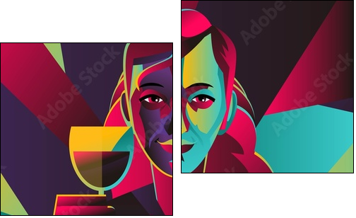 cubist colorful girl drinking wine - Obraz dwuczęściowy, Dyptyk