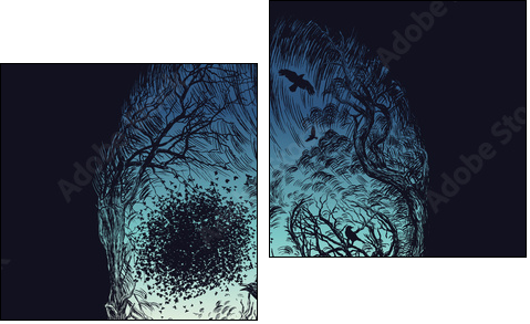 Hand Drawn Abstract Skull Made from Trees and foliage in color - Obraz dwuczęściowy, Dyptyk