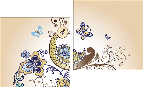 Fantastic bird and floral ornament with paisley. Vintage gold ornament with paisley - Obraz dwuczęściowy, Dyptyk