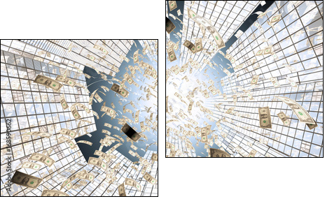 Rain of One hundred dollar bills. 3D rendering - Obraz dwuczęściowy, Dyptyk
