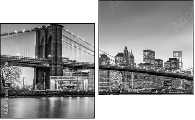 Brooklyn bridge and New York City Manhattan downtown skyline at dusk with skyscrapers illuminated over East River panorama. Panoramic composition. - Obraz dwuczęściowy, Dyptyk