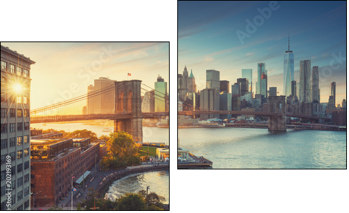 Retro style New York Manhattan with Brooklyn Bridge and Brooklyn Bridge Park in the front. - Obraz dwuczęściowy, Dyptyk