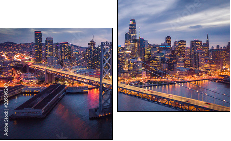 Aerial cityscape view of San Francisco and the Bay Bridge at Night - Obraz dwuczęściowy, Dyptyk