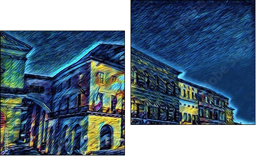 Ponte di mezzo in Pisa, Italy. Old houses at embankment. Italian bridge. Big size oil painting fine art in Vincent Van Gogh style. Modern impressionism drawn. Creative artistic print or poster. - Obraz dwuczęściowy, Dyptyk