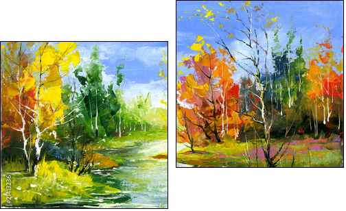 Autumn landscape with the wood river  - Obraz dwuczęściowy, Dyptyk