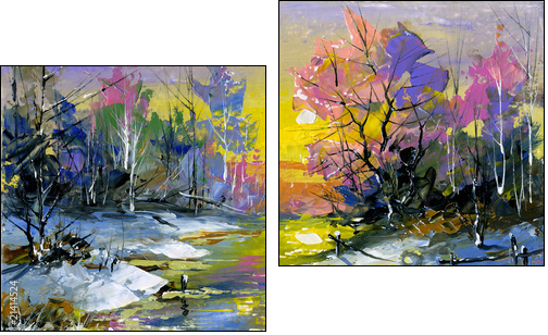 Autumn landscape with the wood river  - Obraz dwuczęściowy, Dyptyk