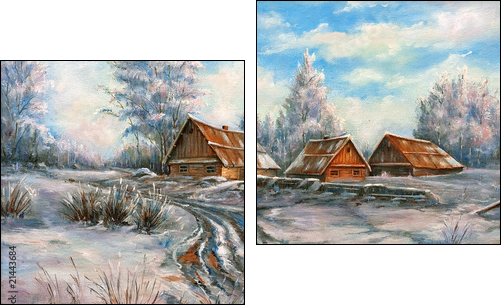 The winter rural landscape drawn by oil on a canvas  - Obraz dwuczęściowy, Dyptyk