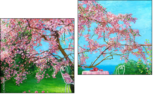 Blossoming plum in a spring garden  - Obraz dwuczęściowy, Dyptyk