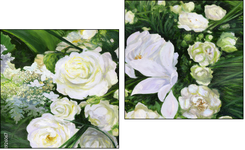 White roses on a green background  - Obraz dwuczęściowy, Dyptyk