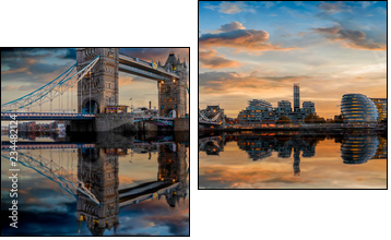 Die Skyline von London: von der Tower Bridge bis zum Tower nach Sonnenuntergang mit Reflektionen in der Themse - Obraz dwuczęściowy, Dyptyk