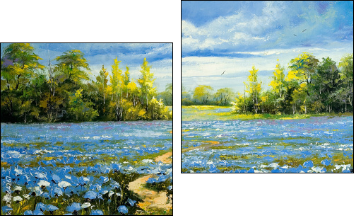 Road through a field with blossoming cornflowers  - Obraz dwuczęściowy, Dyptyk