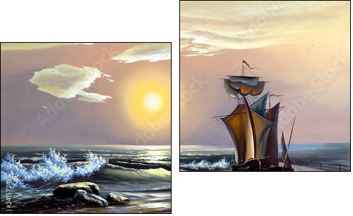 Sailing boat against the coming sun  - Obraz dwuczęściowy, Dyptyk