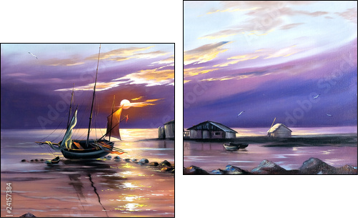 Sailing boat against the coming sun  - Obraz dwuczęściowy, Dyptyk