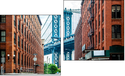 Manhattan Bridge between Manhattan and Brooklyn over East River seen from a narrow alley enclosed by two brick buildings on a sunny day in Washington street in Dumbo, Brooklyn, NYC - Obraz dwuczęściowy, Dyptyk