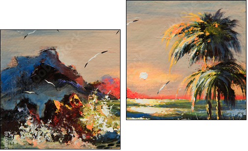 Sea landscape with palm trees and seagulls  - Obraz dwuczęściowy, Dyptyk