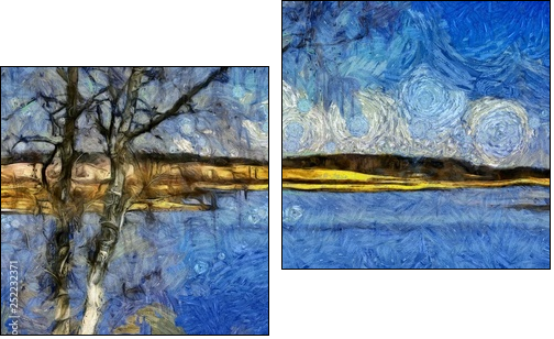 Incredible beauty of nature landscape. Spring season. Impressionism oil painting in Vincent Van Gogh modern style. Creative artistic print for canvas or textile. Wallpaper, poster or postcard design. - Obraz dwuczęściowy, Dyptyk
