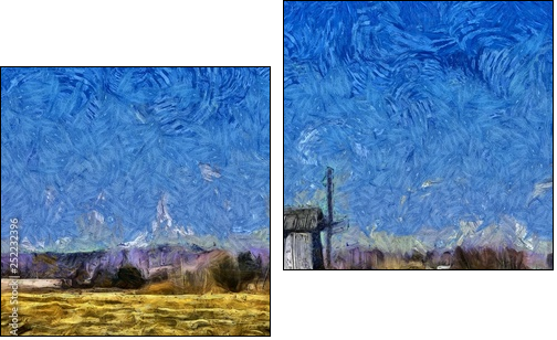 Nature landscape and old historical mill in village. Impressionism oil painting in Vincent Van Gogh modern style. Creative artistic print for canvas or textile. Wallpaper, poster or postcard design. - Obraz dwuczęściowy, Dyptyk