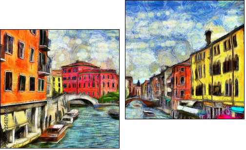 Venetian canal with moving boats, digital imitation of Van Gogh painting style - Obraz dwuczęściowy, Dyptyk