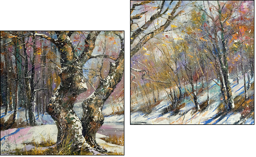 Winter landscape with wood and the river  - Obraz dwuczęściowy, Dyptyk