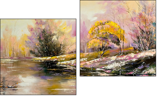 Autumn landscape with snow and the river  - Obraz dwuczęściowy, Dyptyk