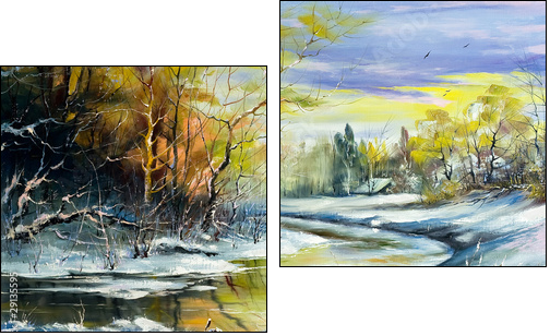 The winter river in village  - Obraz dwuczęściowy, Dyptyk