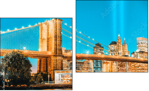New York night view of the Lower Manhattan and the Brooklyn Bridge across the East River. - Obraz dwuczęściowy, Dyptyk