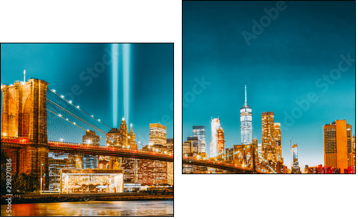 New York night view of the Lower Manhattan and the Brooklyn Bridge across the East River. - Obraz dwuczęściowy, Dyptyk