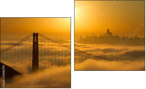 Spectacular Golden Gate Bridge sunrise with low fog and city view - Obraz dwuczęściowy, Dyptyk
