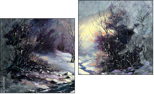 Landscape with winter wood small river  - Obraz dwuczęściowy, Dyptyk