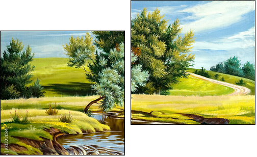 Summer landscape with the river  - Obraz dwuczęściowy, Dyptyk